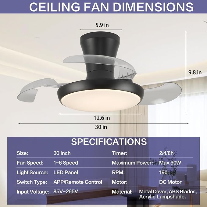 30 Inch Retractable Fandelier Ceiling Fan with Light and Remote, Black Chandelier Ceiling Fan with Dimmable Light, 6-Speed