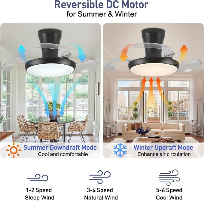 30 Inch Retractable Fandelier Ceiling Fan with Light and Remote, Black Chandelier Ceiling Fan with Dimmable Light, 6-Speed