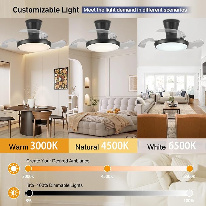 30 Inch Retractable Fandelier Ceiling Fan with Light and Remote, Black Chandelier Ceiling Fan with Dimmable Light, 6-Speed