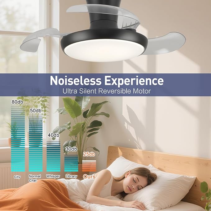 30 Inch Retractable Fandelier Ceiling Fan with Light and Remote, Black Chandelier Ceiling Fan with Dimmable Light, 6-Speed