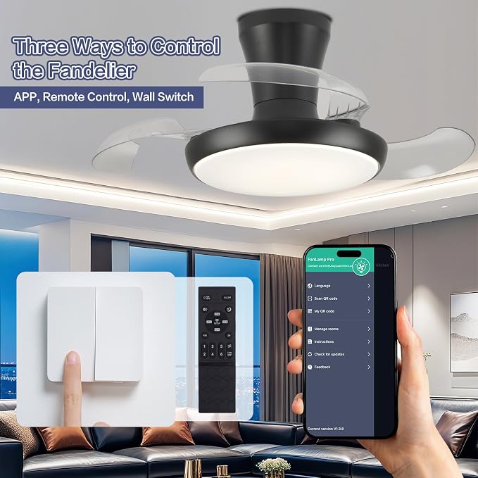 30 Inch Retractable Fandelier Ceiling Fan with Light and Remote, Black Chandelier Ceiling Fan with Dimmable Light, 6-Speed