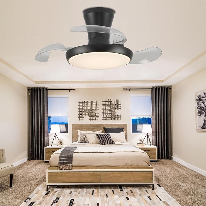 30 Inch Retractable Fandelier Ceiling Fan with Light and Remote, Black Chandelier Ceiling Fan with Dimmable Light, 6-Speed