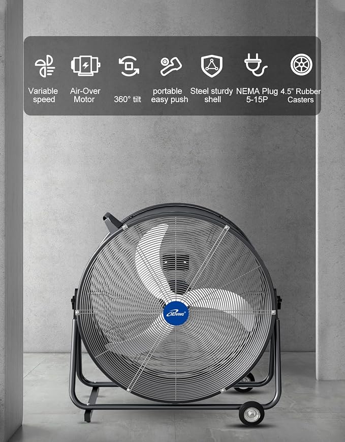 30 Inches High Velocity Drum Fan Industrial, Commercial, Air Circulator for Garage, Shop, Patio, Barn, Greenhouse, Speed