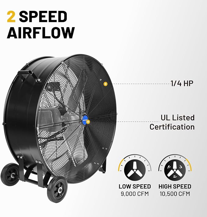 30" Industrial Drum Fan, 10500 CFM High-Velocity, 2-Speed, 1/4 HP Powerful Motor, 5 IN Wheels Barn Fan, for Workshop Factory