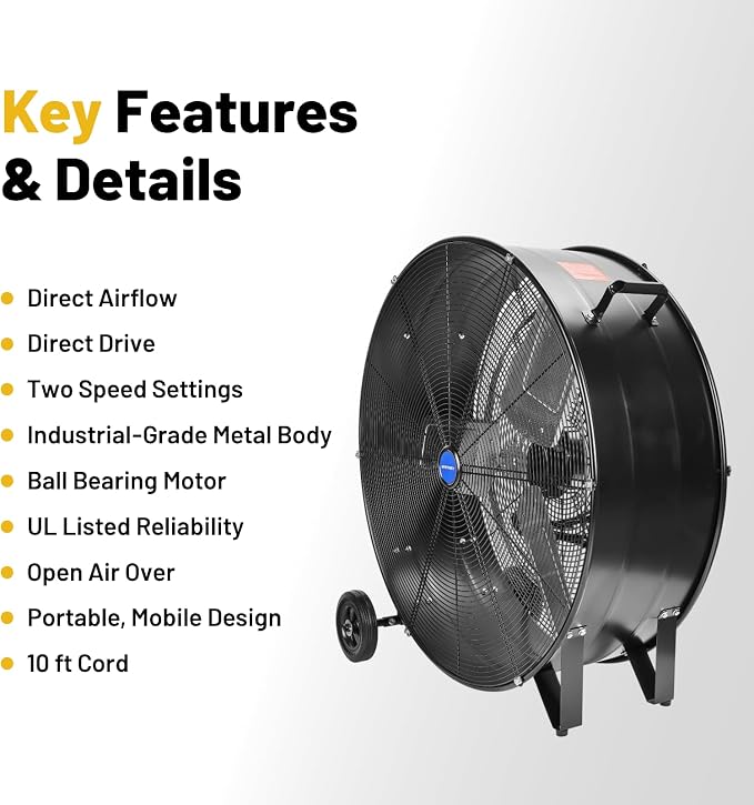 30" Industrial Drum Fan, 10500 CFM High-Velocity, 2-Speed, 1/4 HP Powerful Motor, 5 IN Wheels Barn Fan, for Workshop Factory