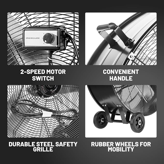 30" Industrial Drum Fan, 10500 CFM High-Velocity, 2-Speed, 1/4 HP Powerful Motor, 5 IN Wheels Barn Fan, for Workshop Factory