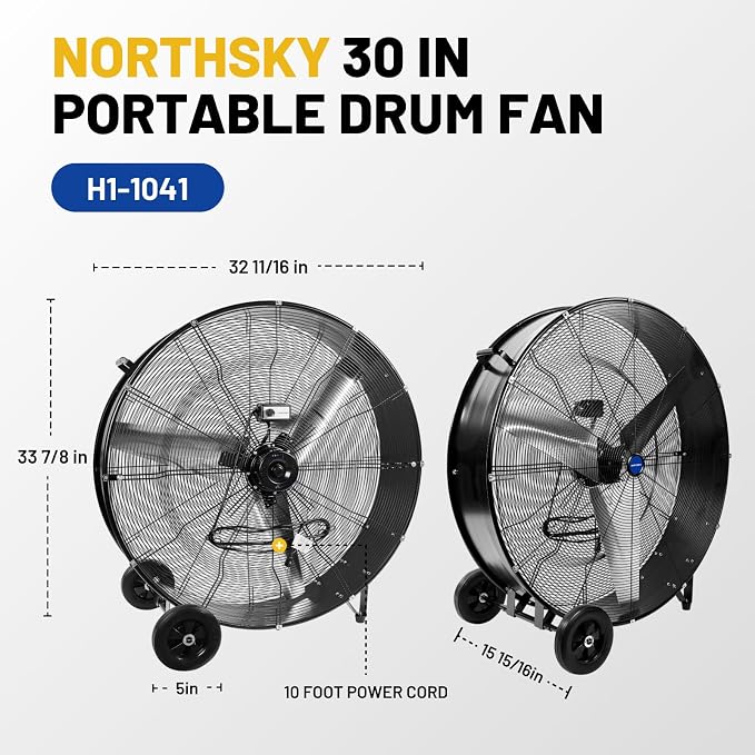 30" Industrial Drum Fan, 10500 CFM High-Velocity, 2-Speed, 1/4 HP Powerful Motor, 5 IN Wheels Barn Fan, for Workshop Factory