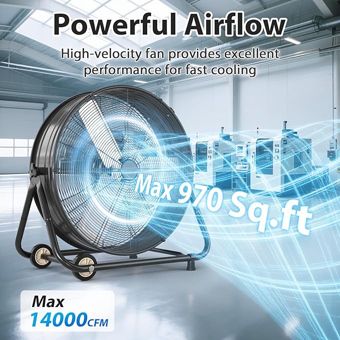 30" Industrial Drum Fan, 14000 CFM 550W High Velocity 3-Speed Heavy Duty Metal Air Circulator with 360° Tilt, Casters Handle