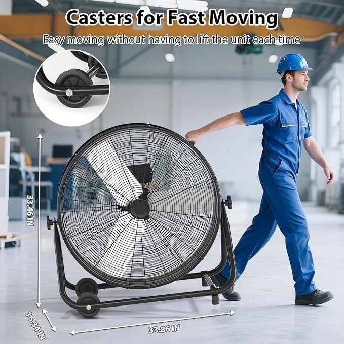 30" Industrial Drum Fan, 14000 CFM 550W High Velocity 3-Speed Heavy Duty Metal Air Circulator with 360° Tilt, Casters Handle