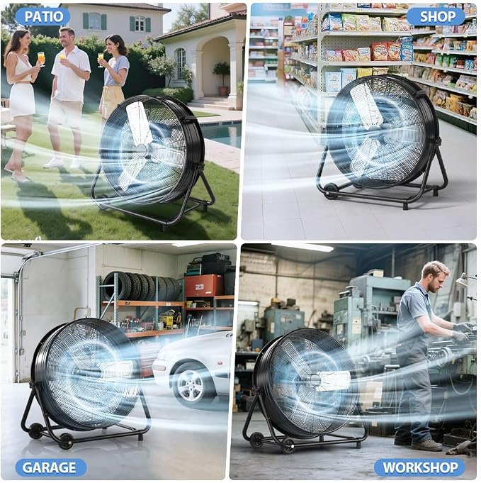 30" Industrial Drum Fan, 14000 CFM 550W High Velocity 3-Speed Heavy Duty Metal Air Circulator with 360° Tilt, Casters Handle