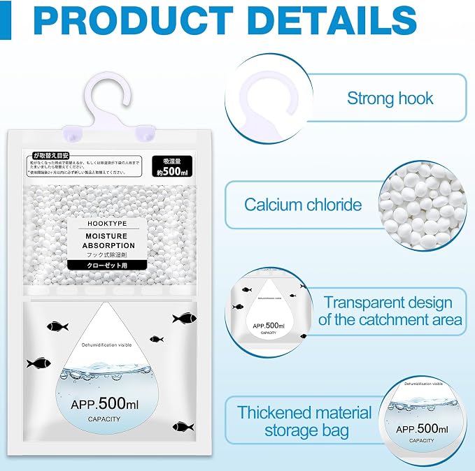 30 Pack 500 ml Moisture Absorber Hanging Closet Dehumidifier Bags Unscented Hanging Humidity Absorber Desiccant Moisture