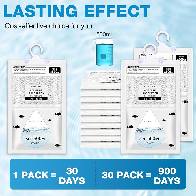 30 Pack 500 ml Moisture Absorber Hanging Closet Dehumidifier Bags Unscented Hanging Humidity Absorber Desiccant Moisture