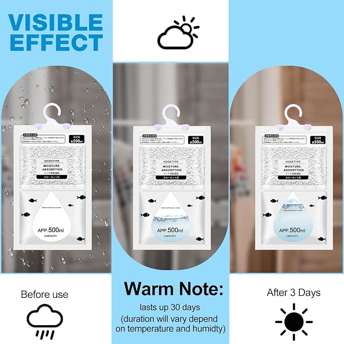 30 Pack 500 ml Moisture Absorber Hanging Closet Dehumidifier Bags Unscented Hanging Humidity Absorber Desiccant Moisture