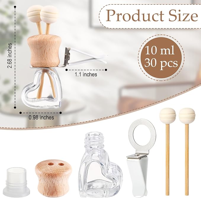 30 Pack Car Air Freshener Diffuser with Vent Clip Empty Car Diffuser Bottles for Essential Oil Perfume Glass Bottle with