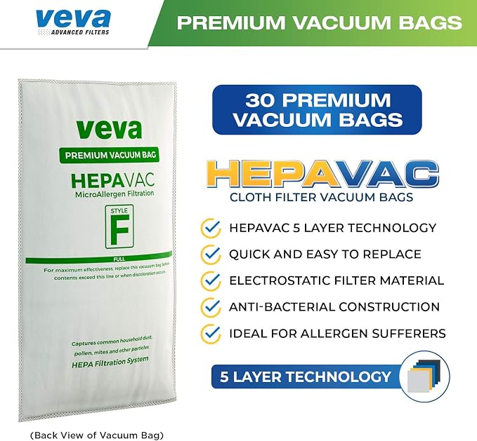 30 Pack HEPA Filter Bags Style F for Vacuum 204811, 204814, 205811, Avalir I, II, Sentria I, II, Ultimate G, Diamond