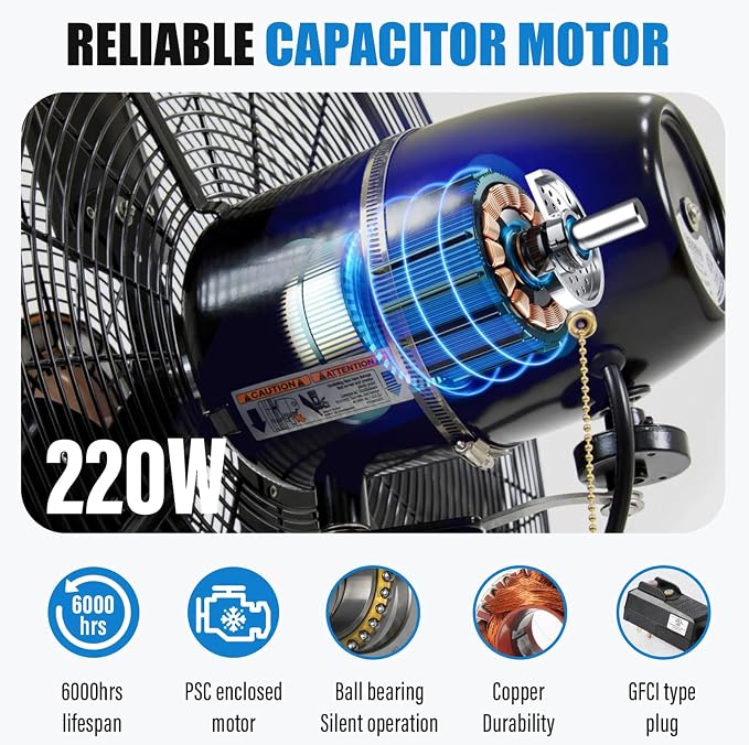 30" Pedestal Outdoor Oscillating Fan with Misting kit - Shop, Greenhouse, Patio - 120V 1.8A 8400 CFM, alternate product view