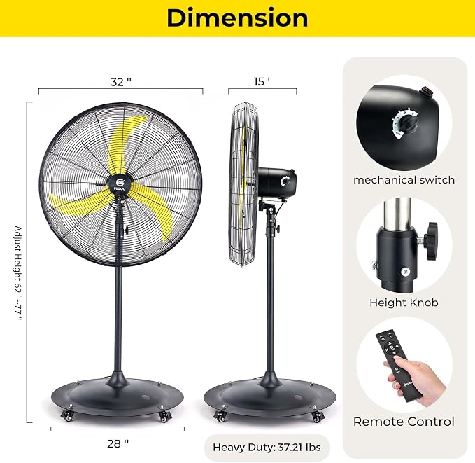 30" Quiet Industrial Oscillating Pedestal Fan-Brushless DC Motor,8800 CFM Heavy Duty Fan with Remote,Energy Efficient for
