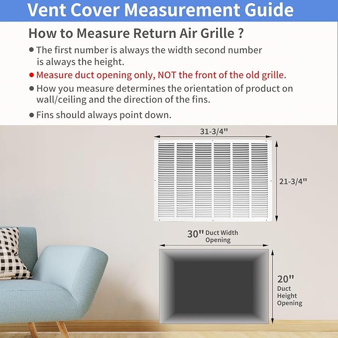 30"W x 20"H [Duct Opening Size] Steel Return Air Grille, Air Return Vent Cover for Ceiling and Sidewall - HVAC Air Vent