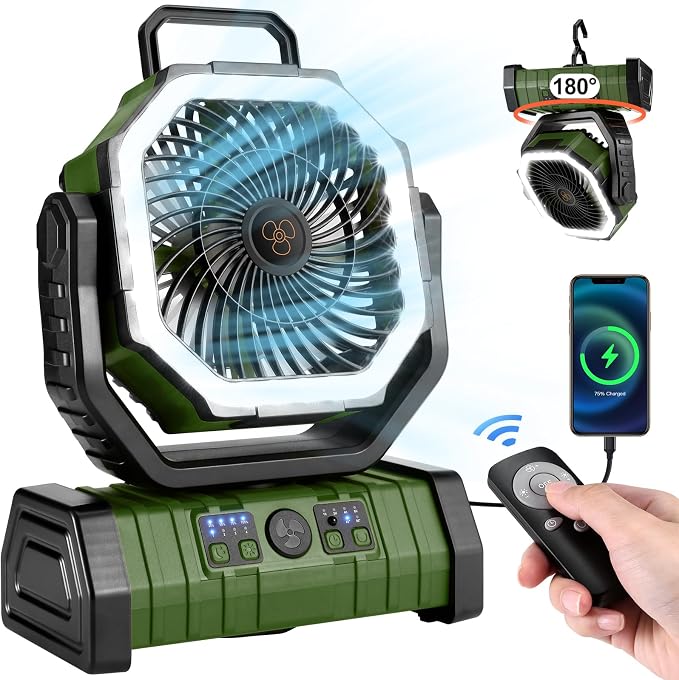 30000mAh Camping Fan with LED Lantern, Rechargeable Battery Operated Oscillating Fan with Remote & Hook, Portable Tent Fan