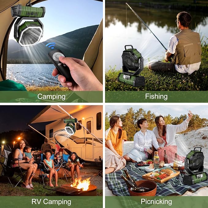 30000mAh Camping Fan with LED Lantern, Rechargeable Battery Operated Oscillating Fan with Remote & Hook, Portable Tent Fan