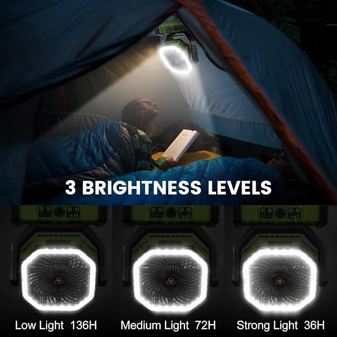 30000mAh Camping Fan with LED Lantern, Rechargeable Battery Operated Oscillating Fan with Remote & Hook, Portable Tent Fan