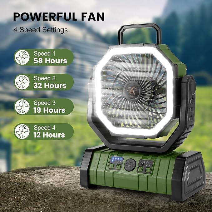 30000mAh Camping Fan with LED Lantern, Rechargeable Battery Operated Oscillating Fan with Remote & Hook, Portable Tent Fan