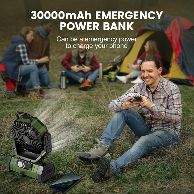 30000mAh Camping Fan with LED Lantern, Rechargeable Battery Operated Oscillating Fan with Remote & Hook, Portable Tent Fan