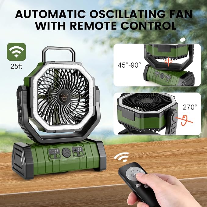30000mAh Camping Fan with LED Lantern, Rechargeable Battery Operated Oscillating Fan with Remote & Hook, Portable Tent Fan