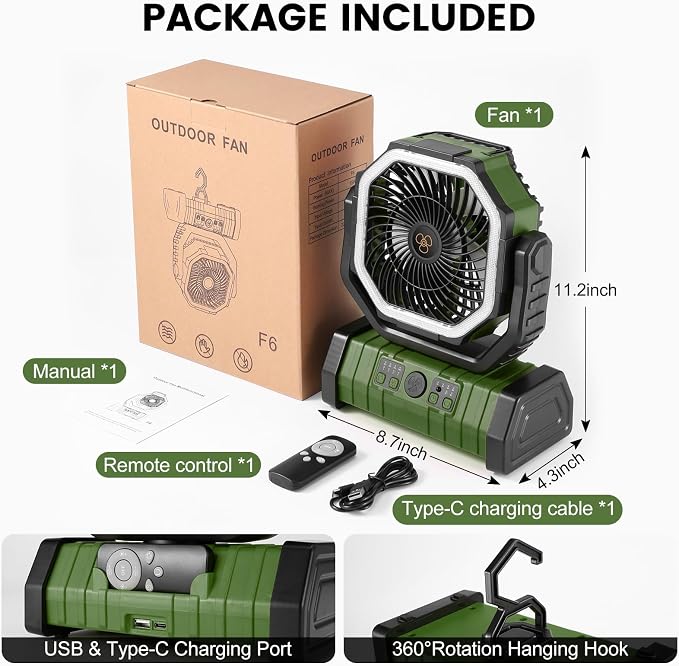30000mAh Camping Fan with LED Lantern, Rechargeable Battery Operated Oscillating Fan with Remote & Hook, Portable Tent Fan