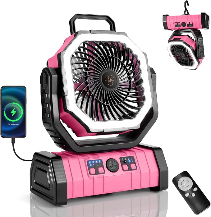 30000mAh Camping Fan with LED Lantern, Rechargeable Battery Operated Oscillating with Remote Hook, Portable Tent Fan with