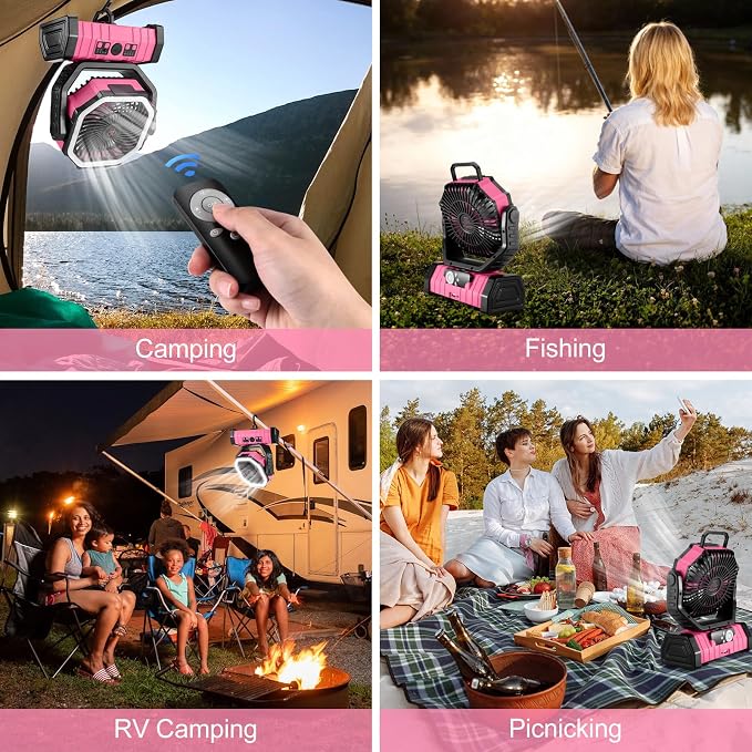 30000mAh Camping Fan with LED Lantern, Rechargeable Battery Operated Oscillating with Remote Hook, Portable Tent Fan with
