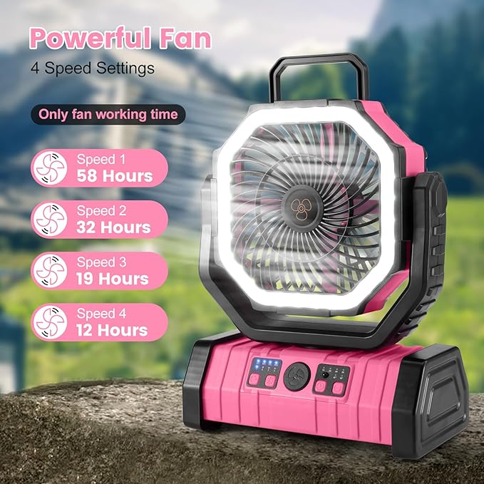 30000mAh Camping Fan with LED Lantern, Rechargeable Battery Operated Oscillating with Remote Hook, Portable Tent Fan with