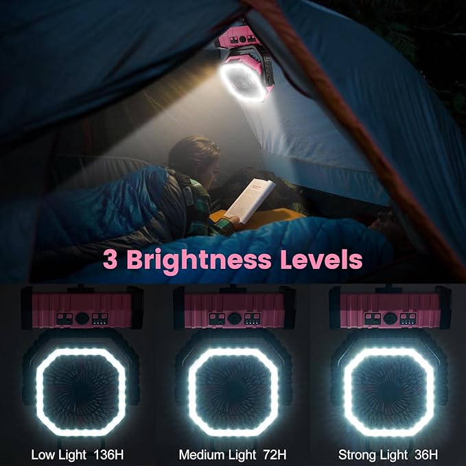 30000mAh Camping Fan with LED Lantern, Rechargeable Battery Operated Oscillating with Remote Hook, Portable Tent Fan with