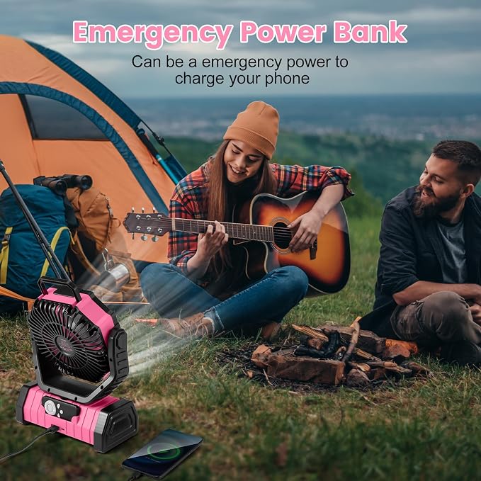30000mAh Camping Fan with LED Lantern, Rechargeable Battery Operated Oscillating with Remote Hook, Portable Tent Fan with