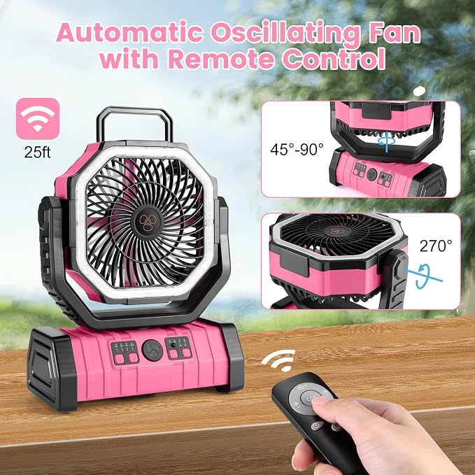 30000mAh Camping Fan with LED Lantern, Rechargeable Battery Operated Oscillating with Remote Hook, Portable Tent Fan with