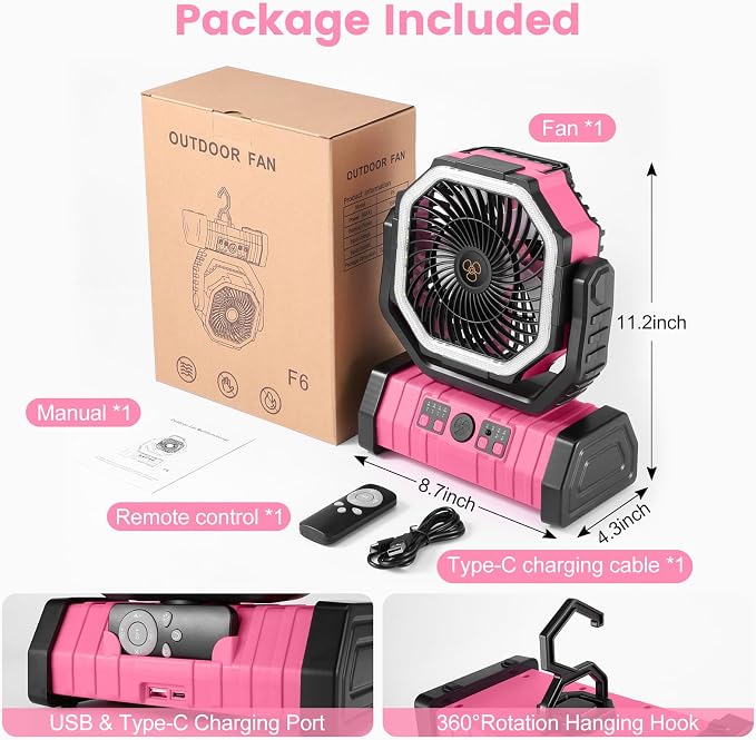 30000mAh Camping Fan with LED Lantern, Rechargeable Battery Operated Oscillating with Remote Hook, Portable Tent Fan with