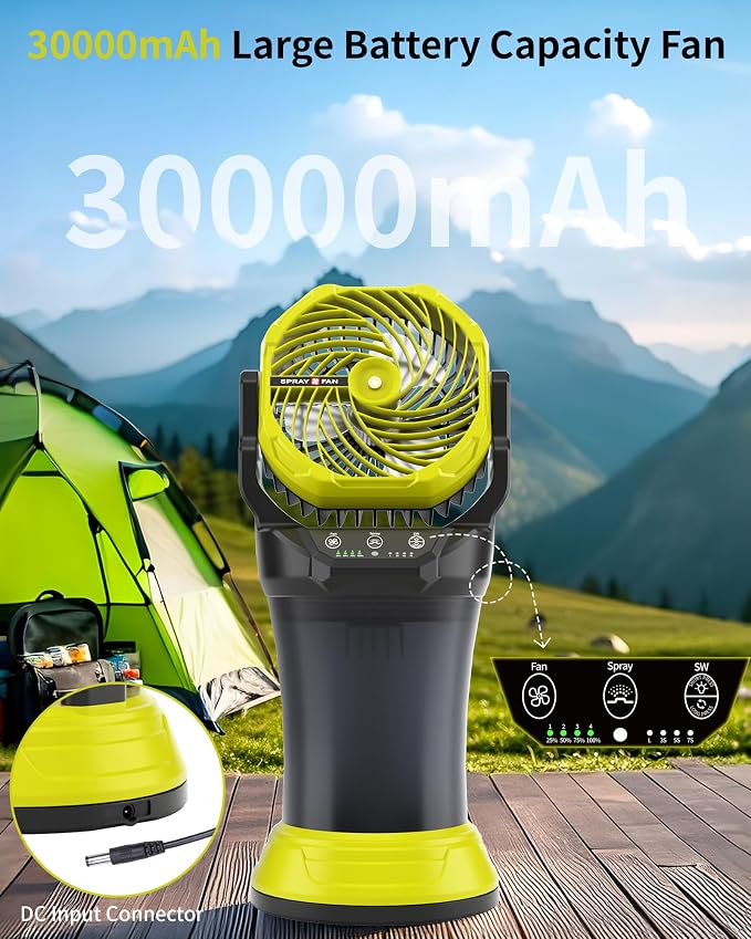 30000mAh Misting Fan Portable Battery Powered Fan with 2L Water Tank,Portable Mist Cooling Fans for Outdoor Camping Tent