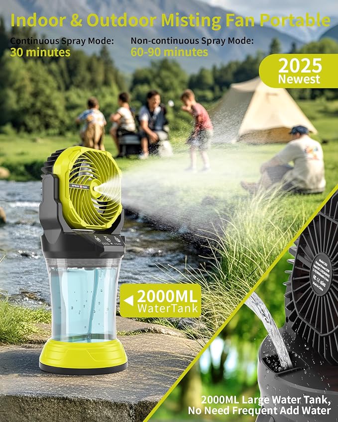 30000mAh Misting Fan Portable Battery Powered Fan with 2L Water Tank,Portable Mist Cooling Fans for Outdoor Camping Tent