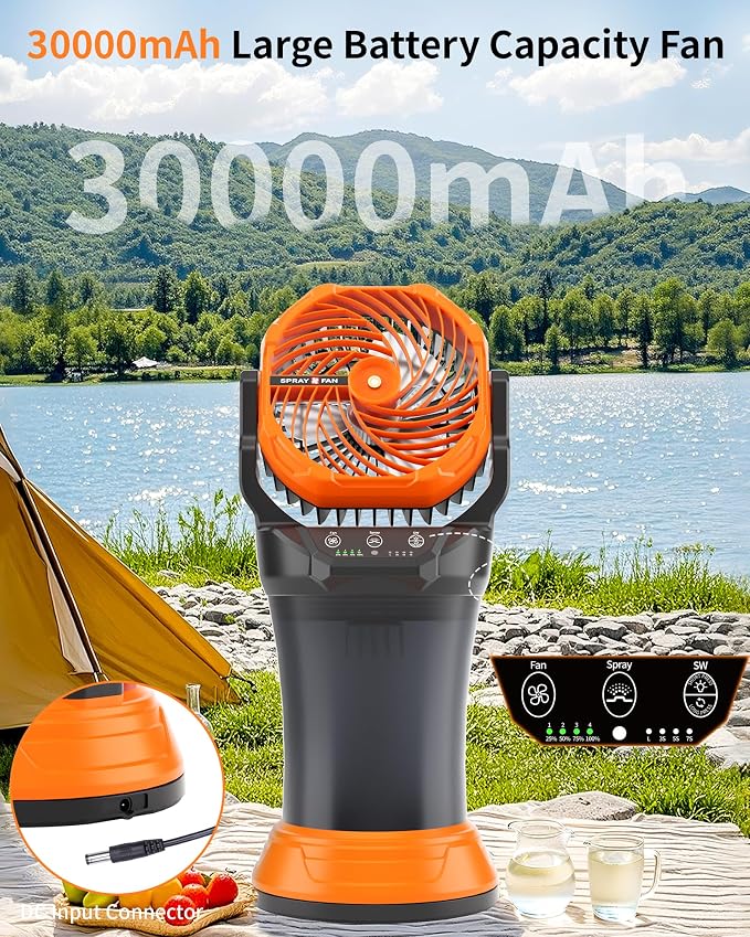 30000mAh Misting Fan Portable Battery Powered Fan with 2L Water Tank,Portable Mist Cooling Fans for Outdoor Camping Tent