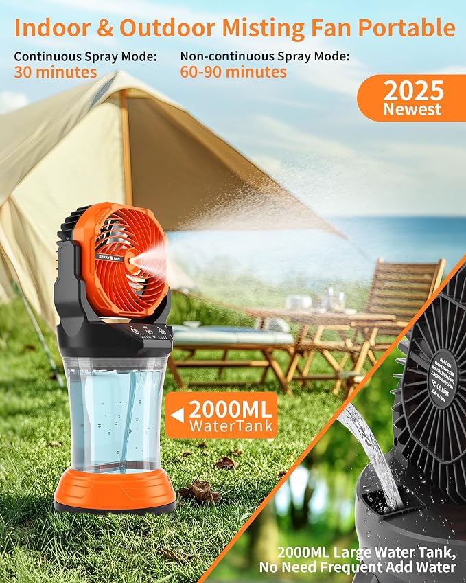 30000mAh Misting Fan Portable Battery Powered Fan with 2L Water Tank,Portable Mist Cooling Fans for Outdoor Camping Tent
