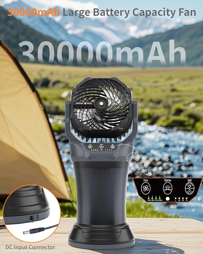 30000mAh Misting Fan Portable Battery Powered with 2L Water Tank-120°Auto Oscillating Floor Fan,4 Wind Speeds & Spray