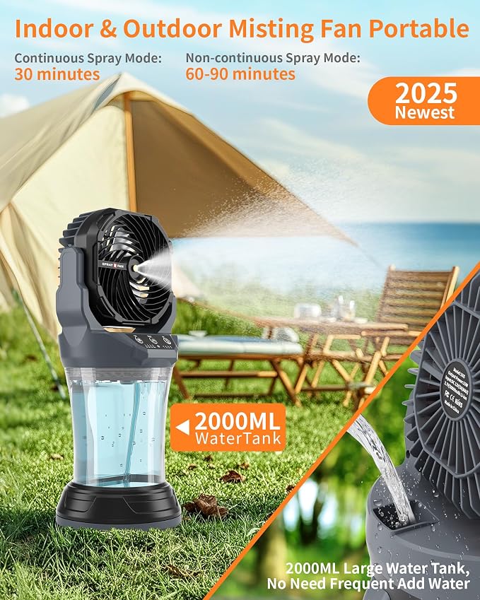 30000mAh Misting Fan Portable Battery Powered with 2L Water Tank-120°Auto Oscillating Floor Fan,4 Wind Speeds & Spray