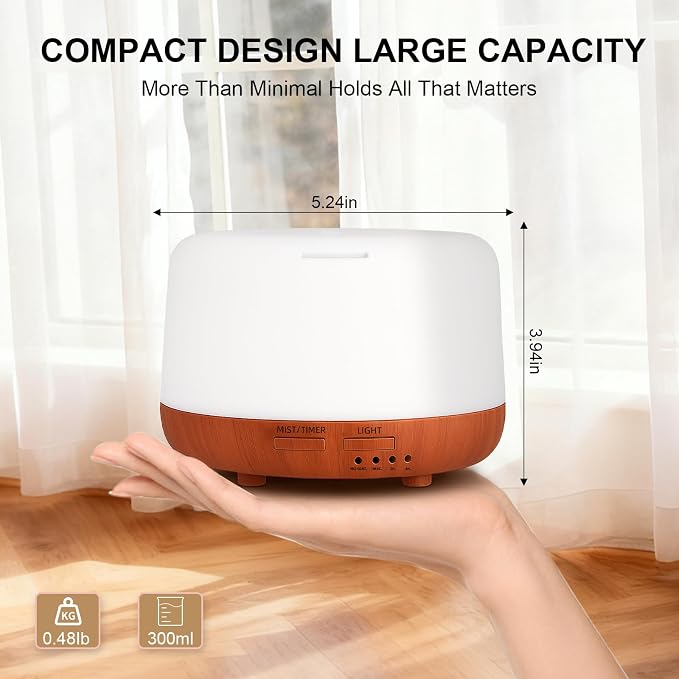 300ML Essential Oil Diffuser, Small Aromatherapy Diffuser with Remote, 7-Color LED Light, 4 Timer Settings, Safe Auto-Off