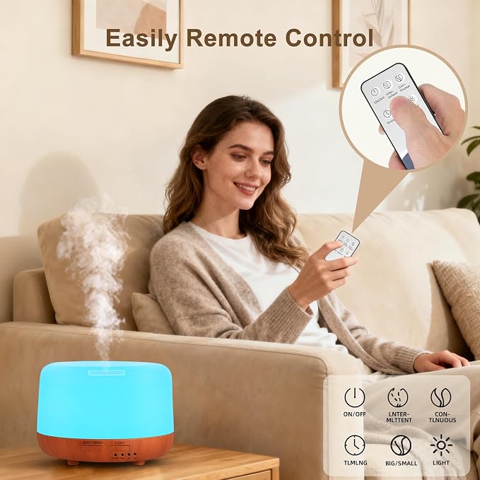 300ML Essential Oil Diffuser, Small Aromatherapy Diffuser with Remote, 7-Color LED Light, 4 Timer Settings, Safe Auto-Off
