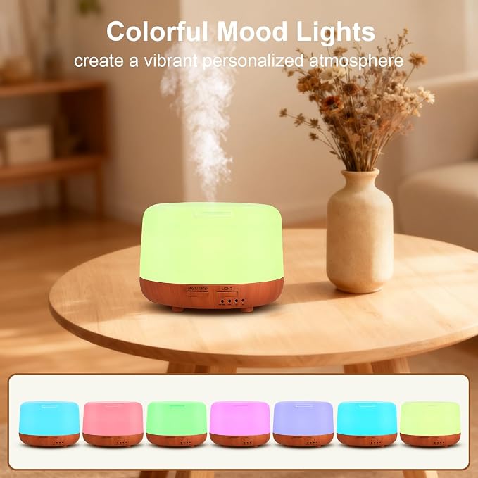 300ML Essential Oil Diffuser, Small Aromatherapy Diffuser with Remote, 7-Color LED Light, 4 Timer Settings, Safe Auto-Off