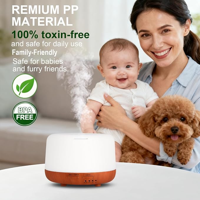 300ML Essential Oil Diffuser, Small Aromatherapy Diffuser with Remote, 7-Color LED Light, 4 Timer Settings, Safe Auto-Off