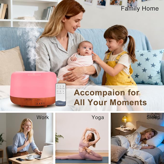 300ML Essential Oil Diffuser, Small Aromatherapy Diffuser with Remote, 7-Color LED Light, 4 Timer Settings, Safe Auto-Off