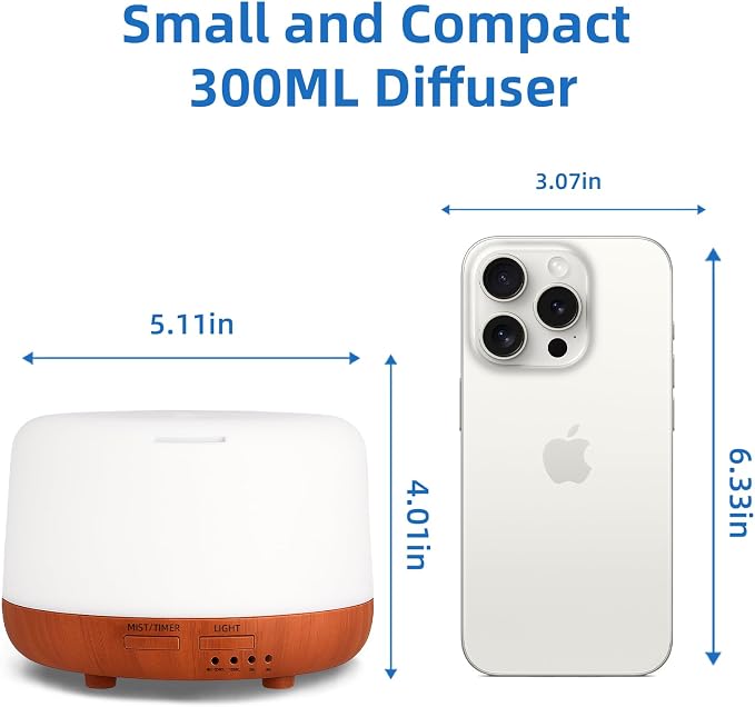 300ML Essential Oil Diffuser,Small Room Aromatherapy Diffuser, Quiet 8H Operation, 7-Color LED Light, 4 Timer, Remote