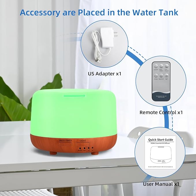 300ML Essential Oil Diffuser,Small Room Aromatherapy Diffuser, Quiet 8H Operation, 7-Color LED Light, 4 Timer, Remote