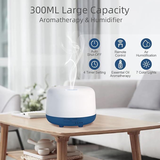 300ML Essential Oil Diffuser with Remote Control, 7 LED Color Changing Light,Ultrasonic Cool Mist Scent Humidifier, alternate